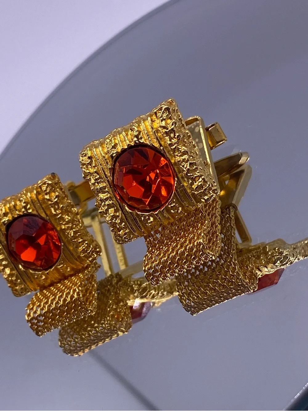 Mid Century Embassy Bright Orange Large Rhinestone Gold Tone Men’s VTG Cufflinks